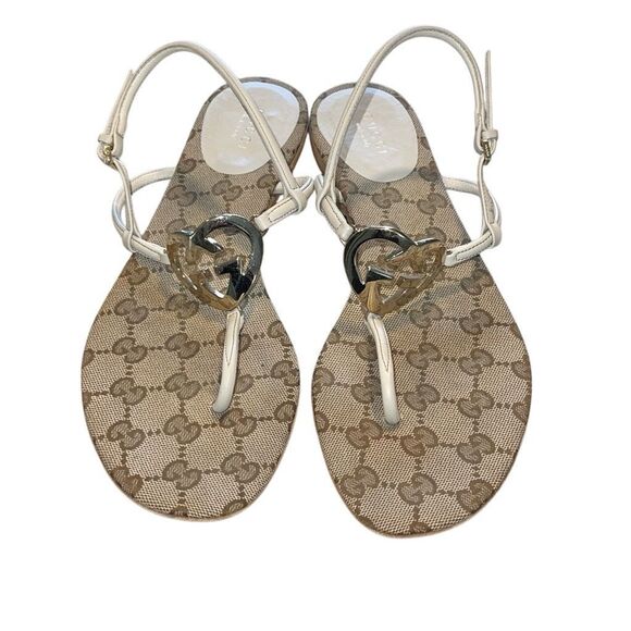 GUCCI Double G Heart Monogram T-Strap Flat Sandals Size 39 US 8.5 Neutral - Picture 2 of 11